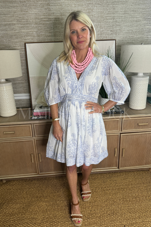 V-Neck Puff Mini Dress, Marseille Blue by Oliphant