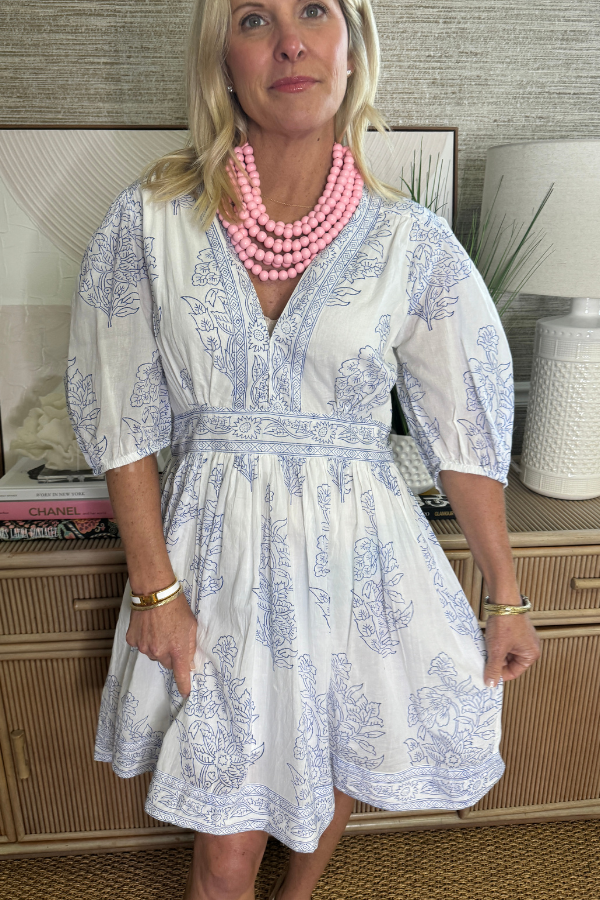 V-Neck Puff Mini Dress, Marseille Blue by Oliphant