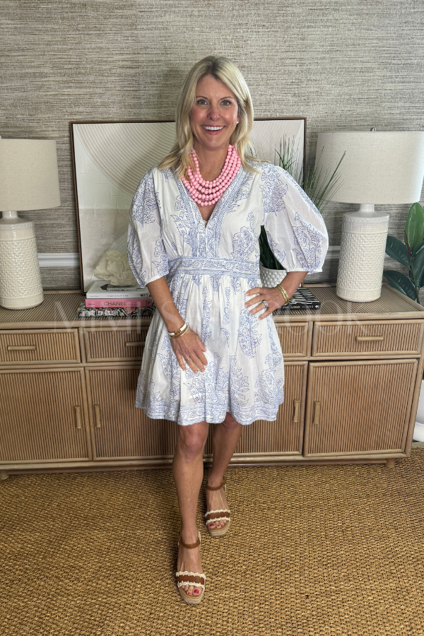 V-Neck Puff Mini Dress, Marseille Blue by Oliphant