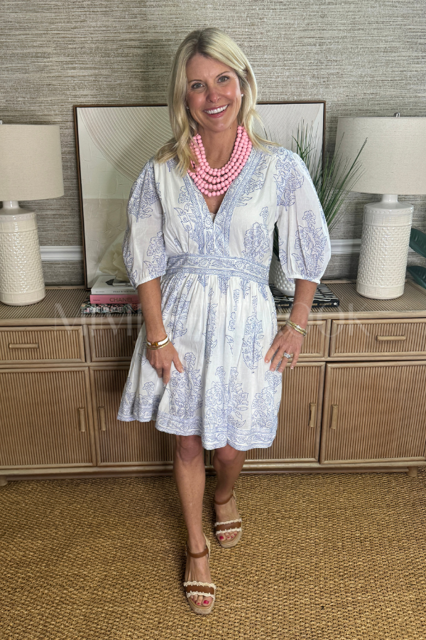 V-Neck Puff Mini Dress, Marseille Blue by Oliphant