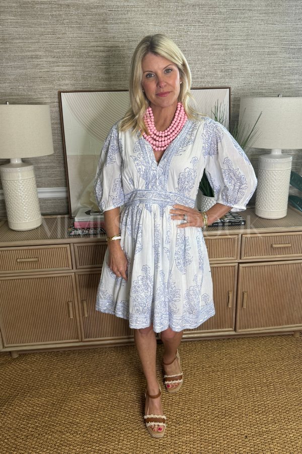V-Neck Puff Mini Dress, Marseille Blue by Oliphant