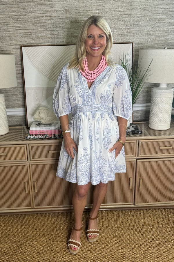 V-Neck Puff Mini Dress, Marseille Blue by Oliphant
