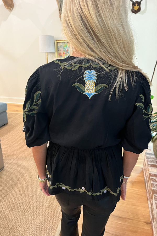 Winter Garden Embroidered Short Sleeve Blouse by Farm Rio