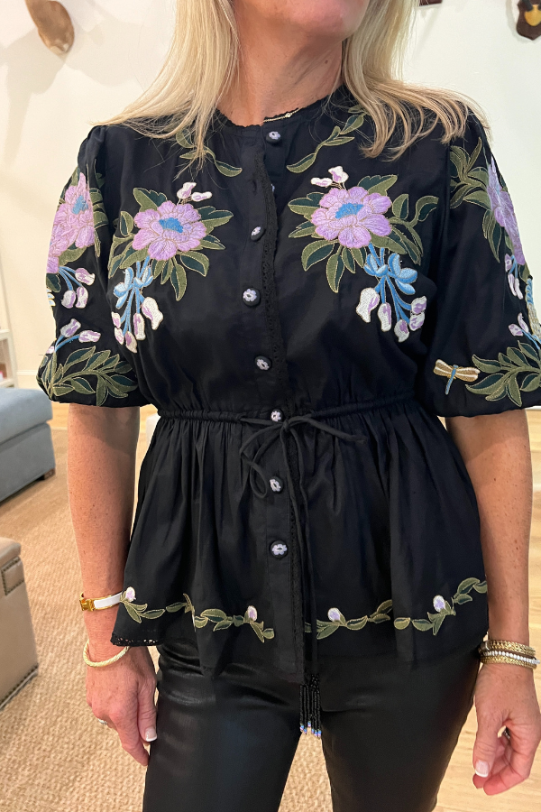 Winter Garden Embroidered Short Sleeve Blouse by Farm Rio