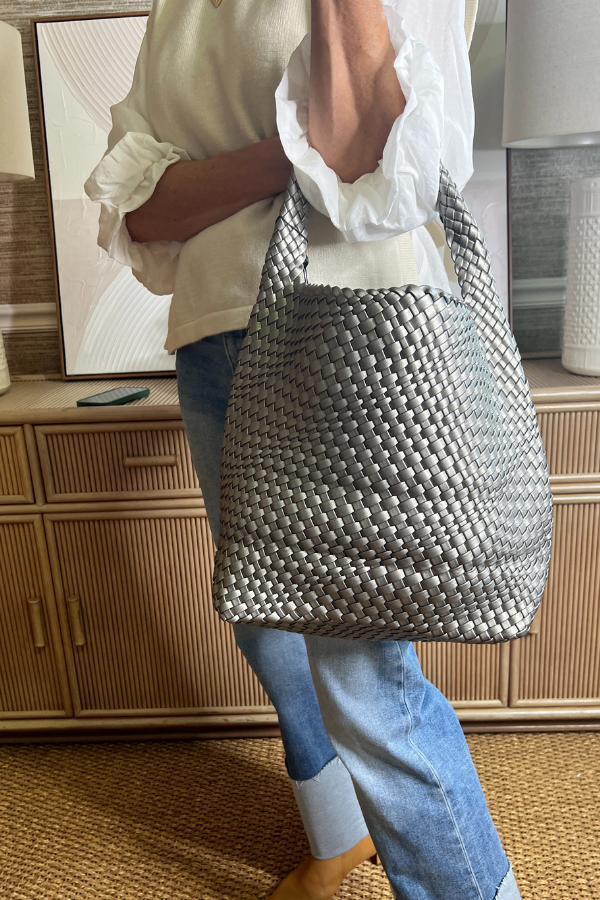 Woven leather handbag, pewter