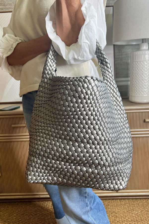 Woven leather handbag, pewter