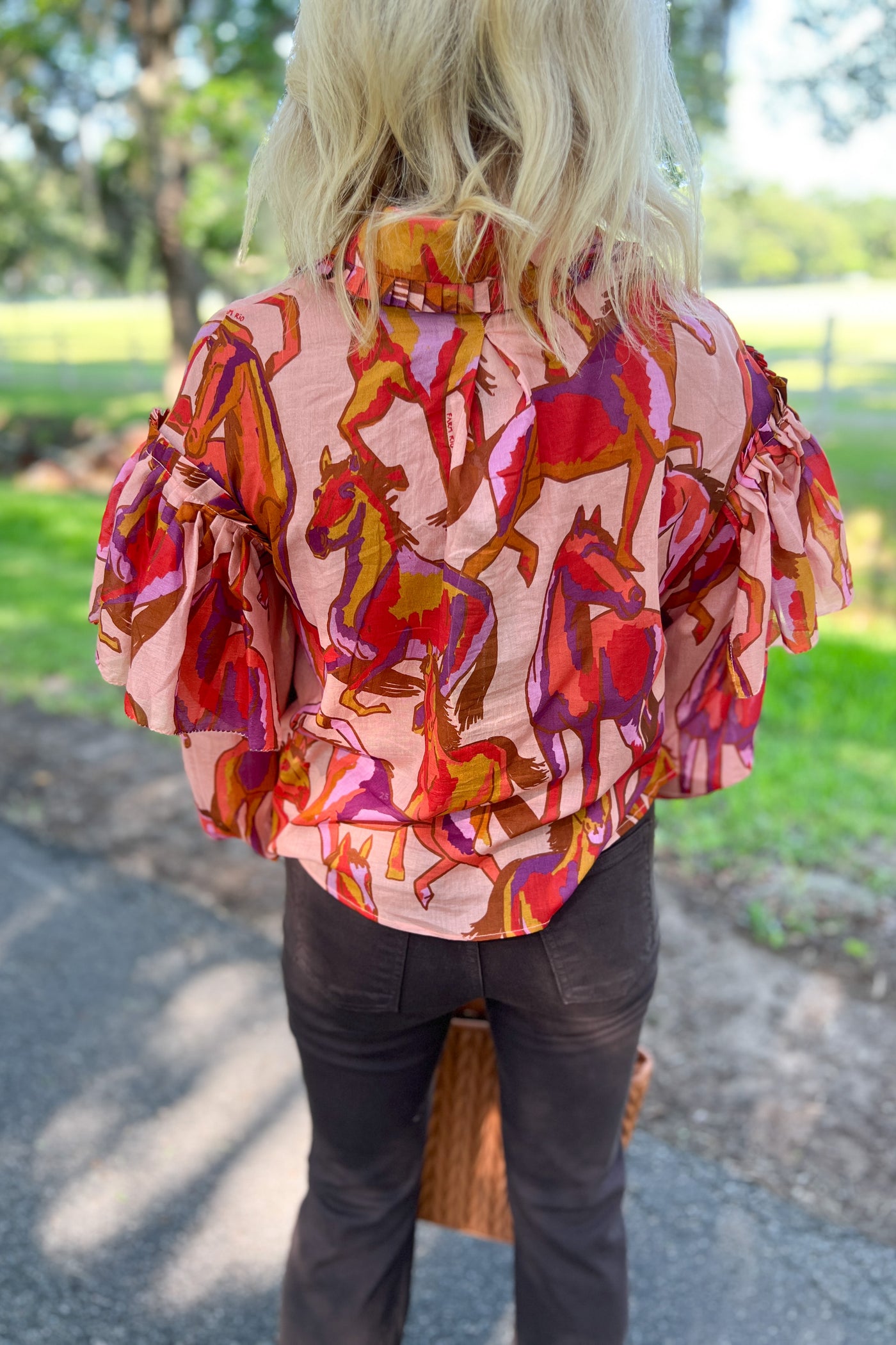 Wild Horses Rose Bow Neck Tie Blouse by Farm Rio