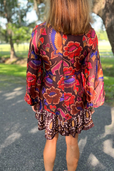 Bright Flora Brown Long Sleeve Mini Dress by Farm Rio