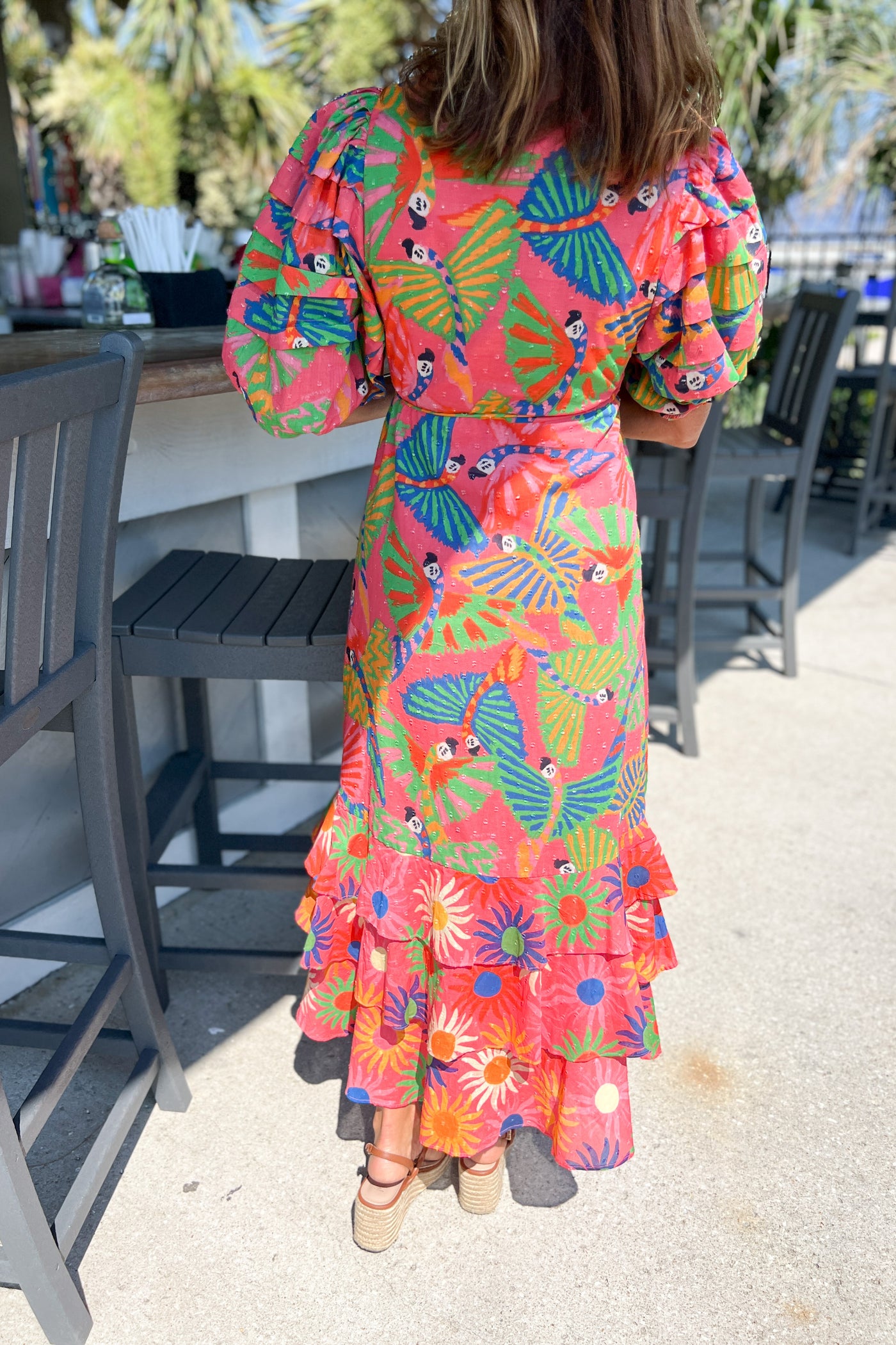 Graphic Macaws Coral Mixed Midi Dress by Farm Rio