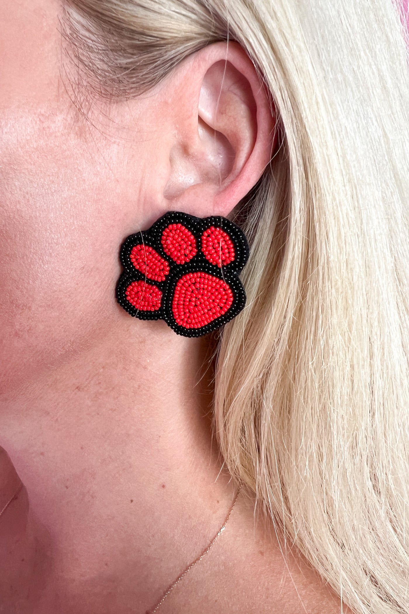 Beaded Paw Print Earrings, red & black