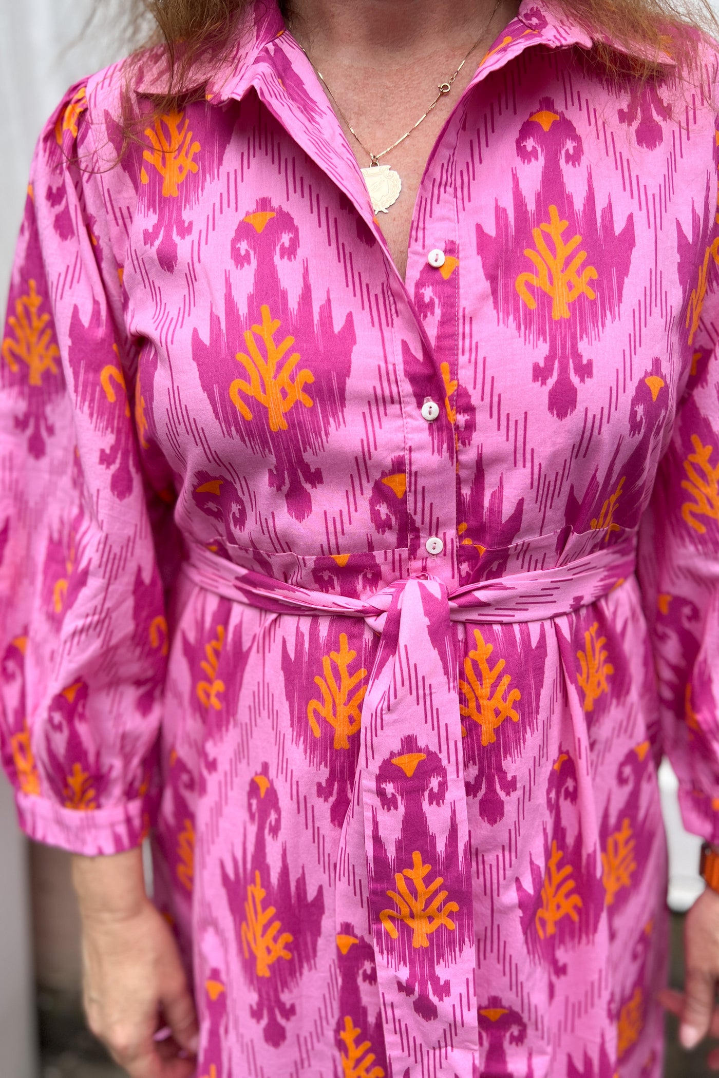 Dune Allen dress, pink IKAT print by King + Pitt