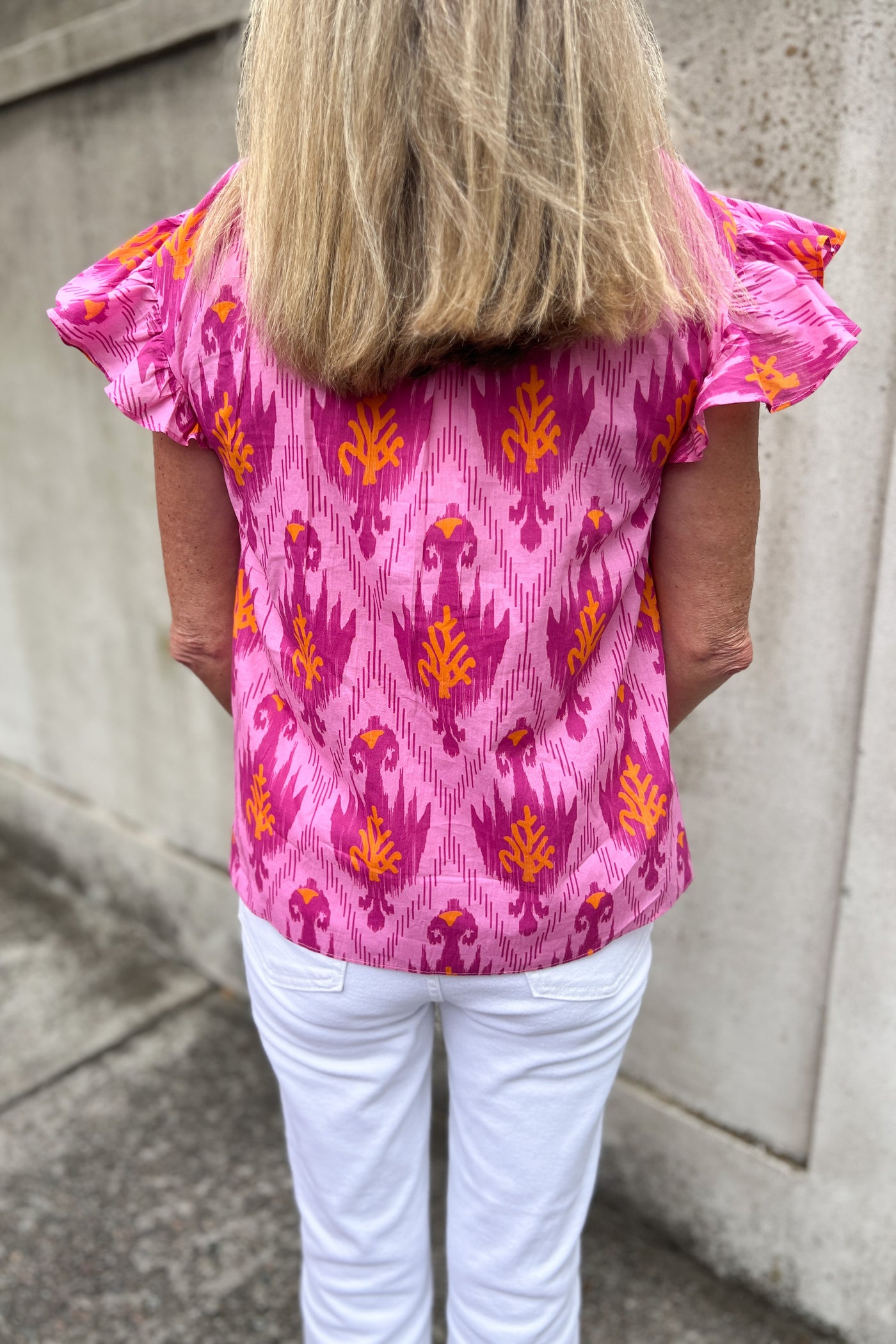 Watersound top, pink IKAT print by King + Pitt