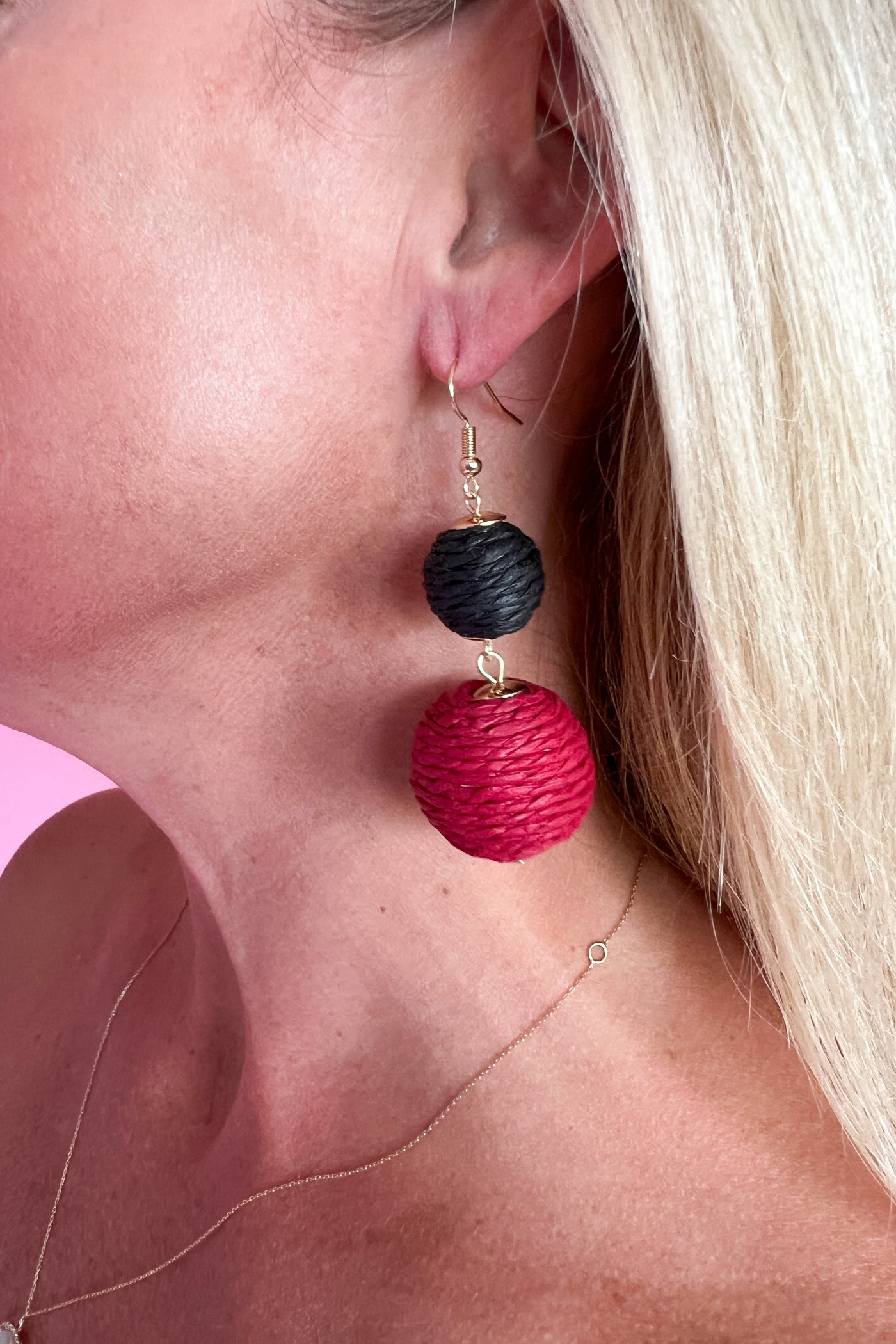 Raffia Double Ball Earrings, burgundy/black