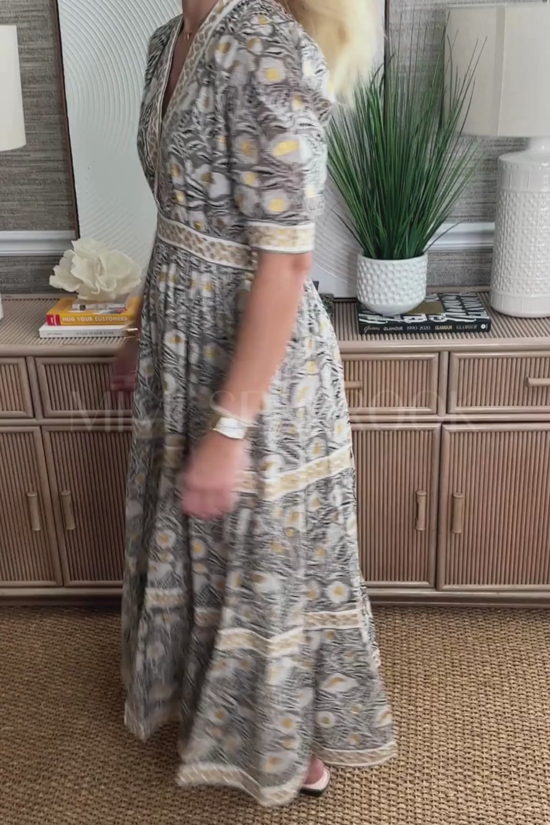 V-Neck Cuffed Maxi Dress, Birch Taupe by Oliphant