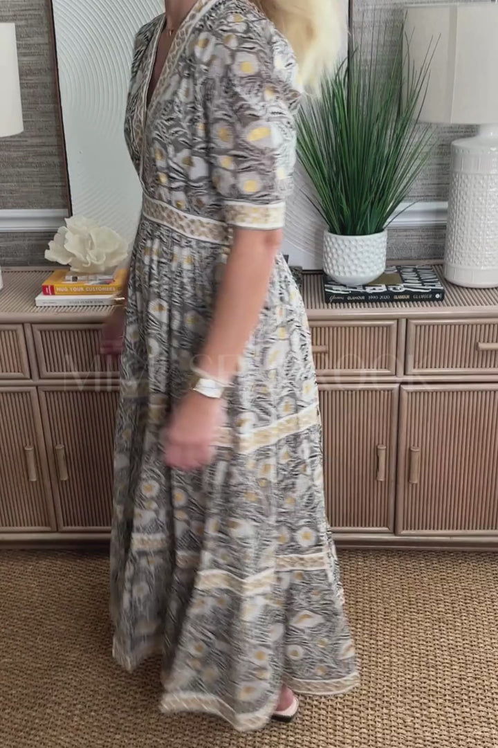 V-Neck Cuffed Maxi Dress, Birch Taupe by Oliphant