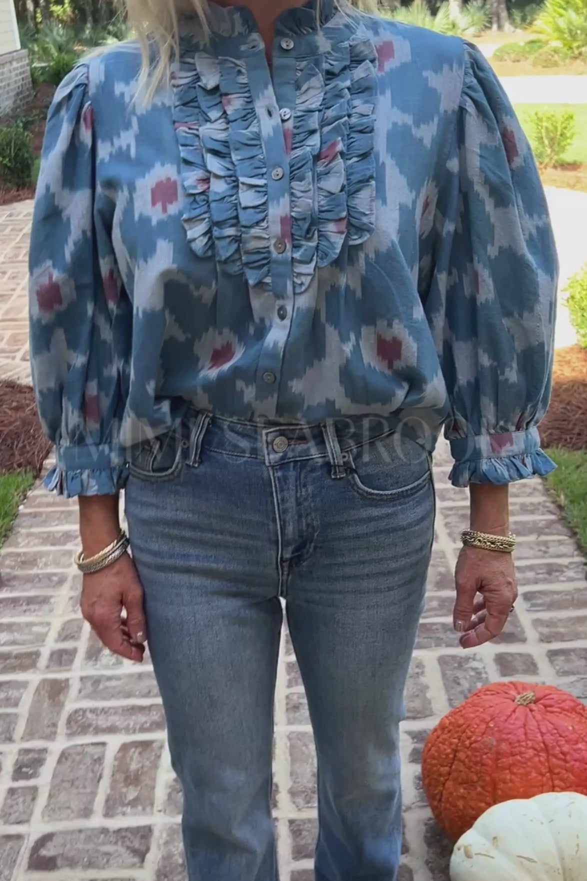Ruffle Front Button Blouse, Jinja Blue by Oliphant – Mimi Seabrook