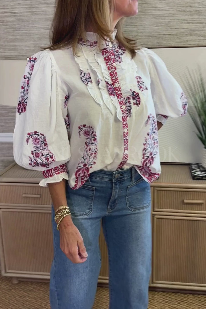 Ruffle Front Button Blouse, Verna Red by Oliphant