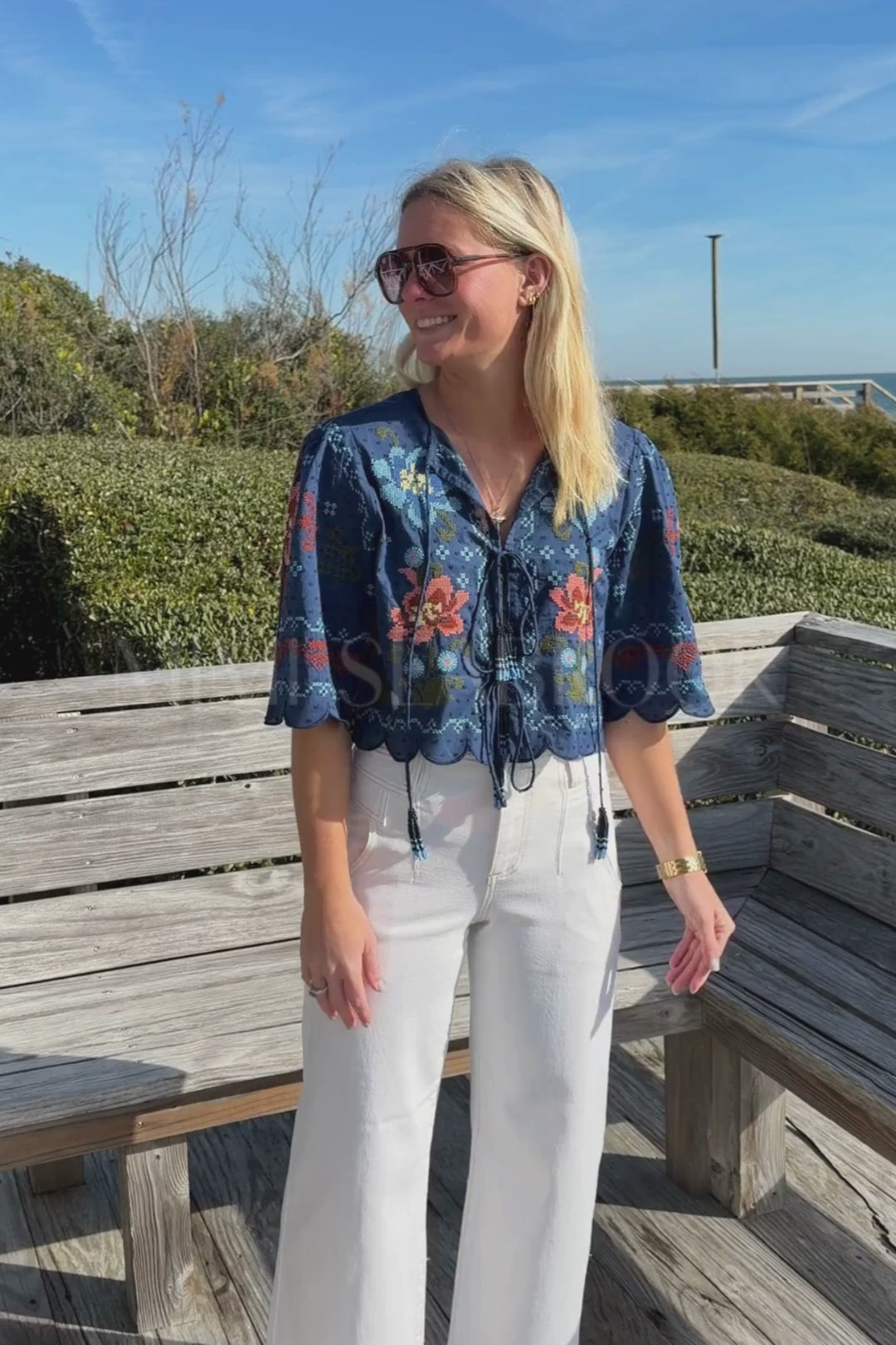 Stitched Garden Dark Blue Blouse by Farm Rio