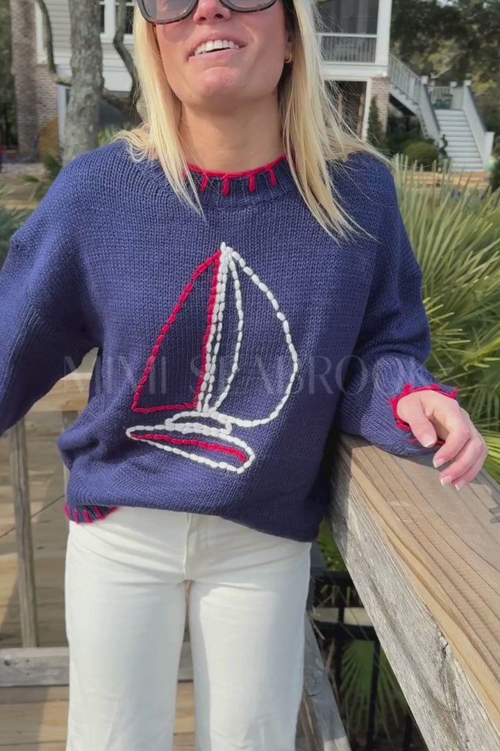 Clearwater sweater, navy sailboat