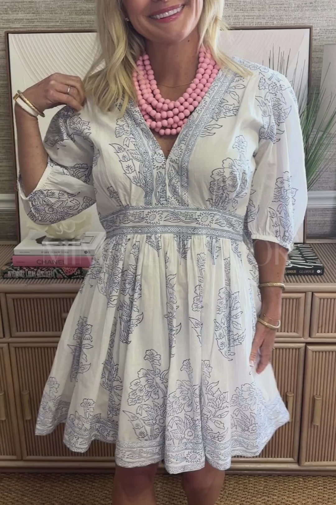V-Neck Puff Mini Dress, Marseille Blue by Oliphant