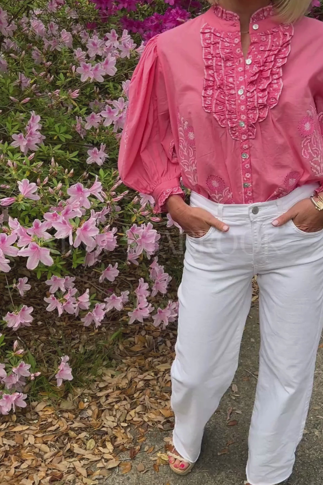 Ruffle Front Button Blouse, Raton Pink by Oliphant