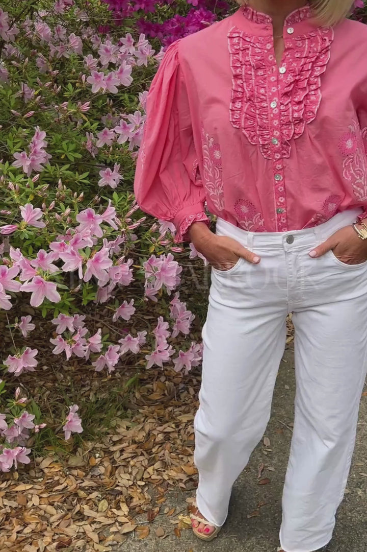 Ruffle Front Button Blouse, Raton Pink by Oliphant