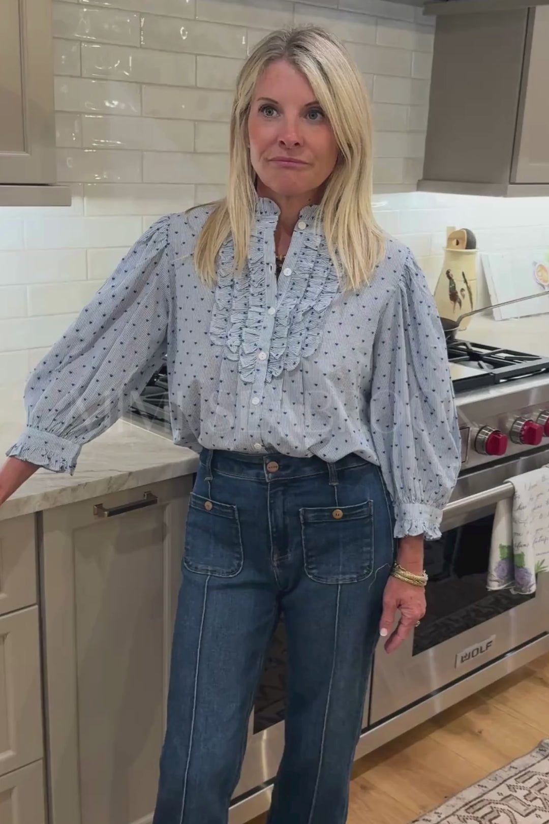 Ruffle Front Button Blouse, Lyon Blue by Oliphant