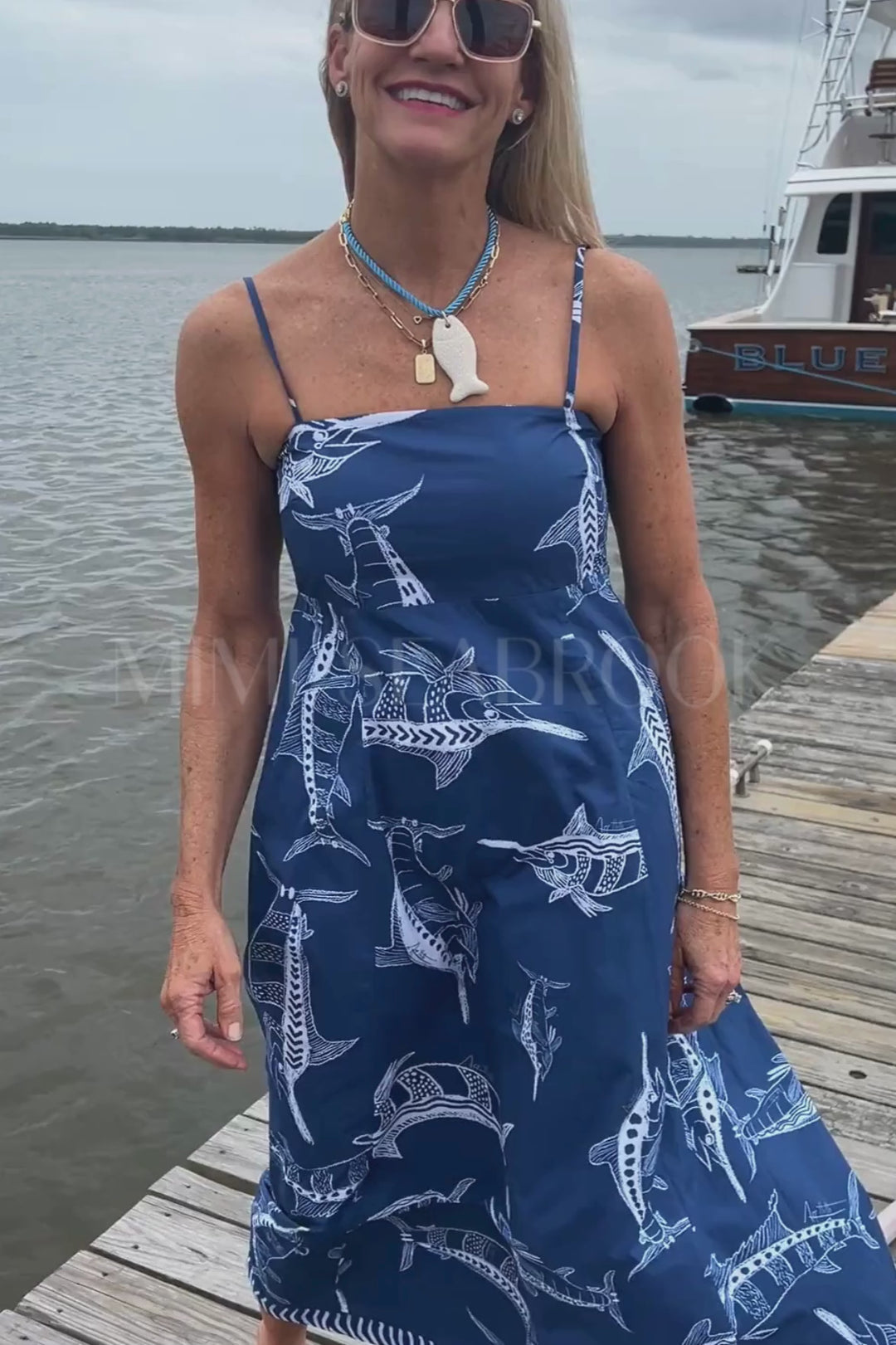 Exumas Dress by King + Pitt, blue billfish print (pre-order)