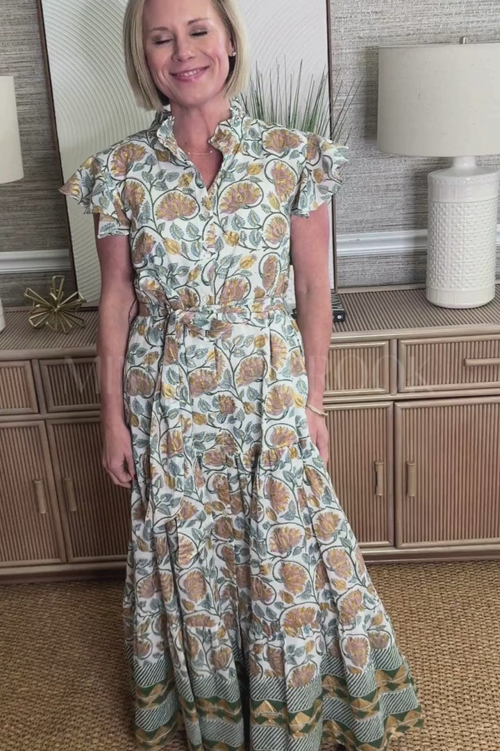 Ruffle Collar Button Maxi Dress, Montenegro by Oliphant