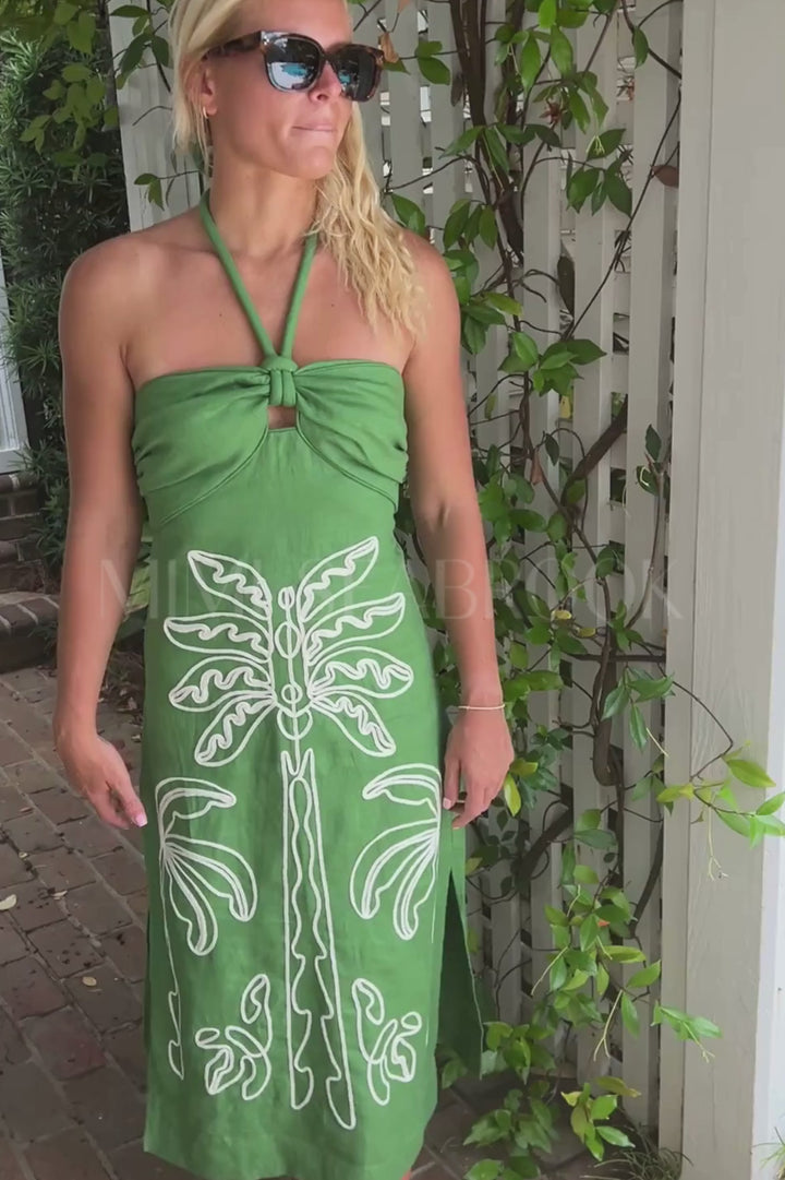 Green Palm Tree Embroidery Midi Dress by Farm Rio
