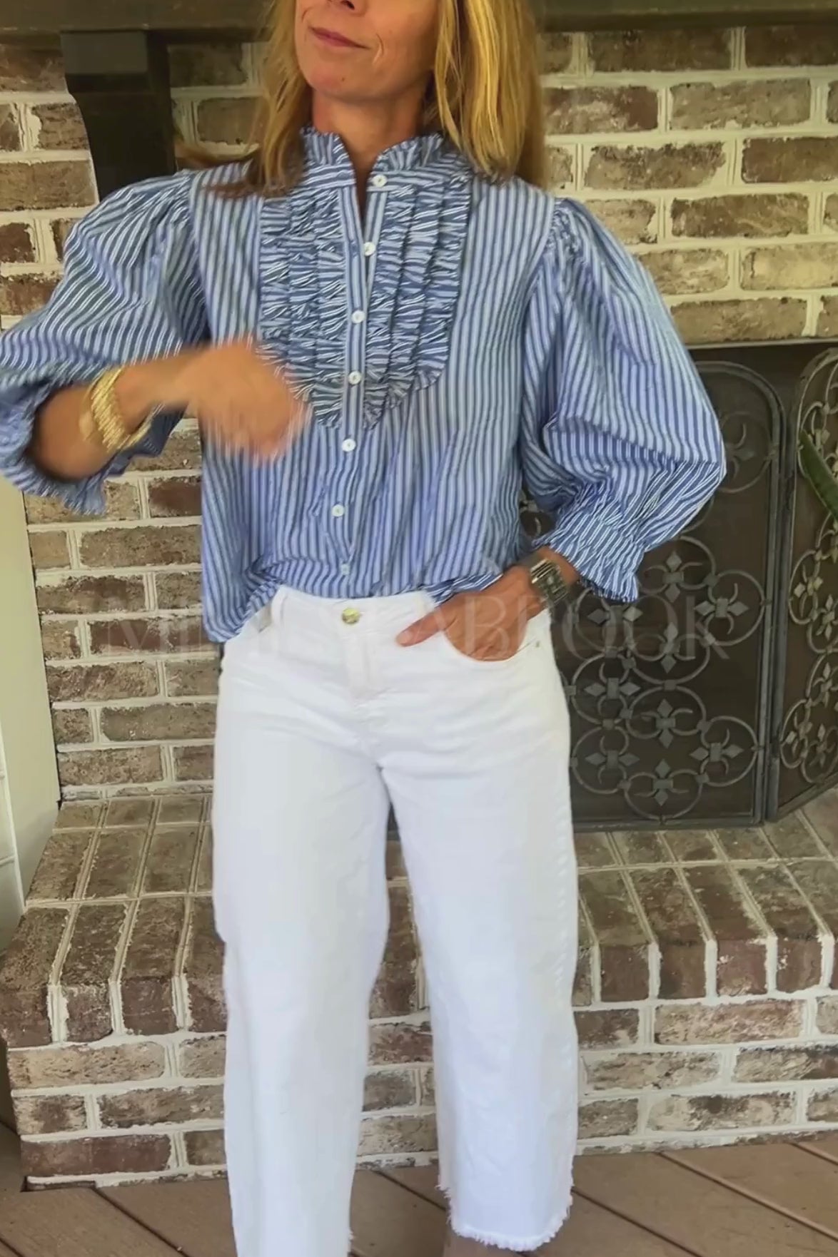 Ruffle Front Button Blouse, Devon Blue by Oliphant – Mimi Seabrook