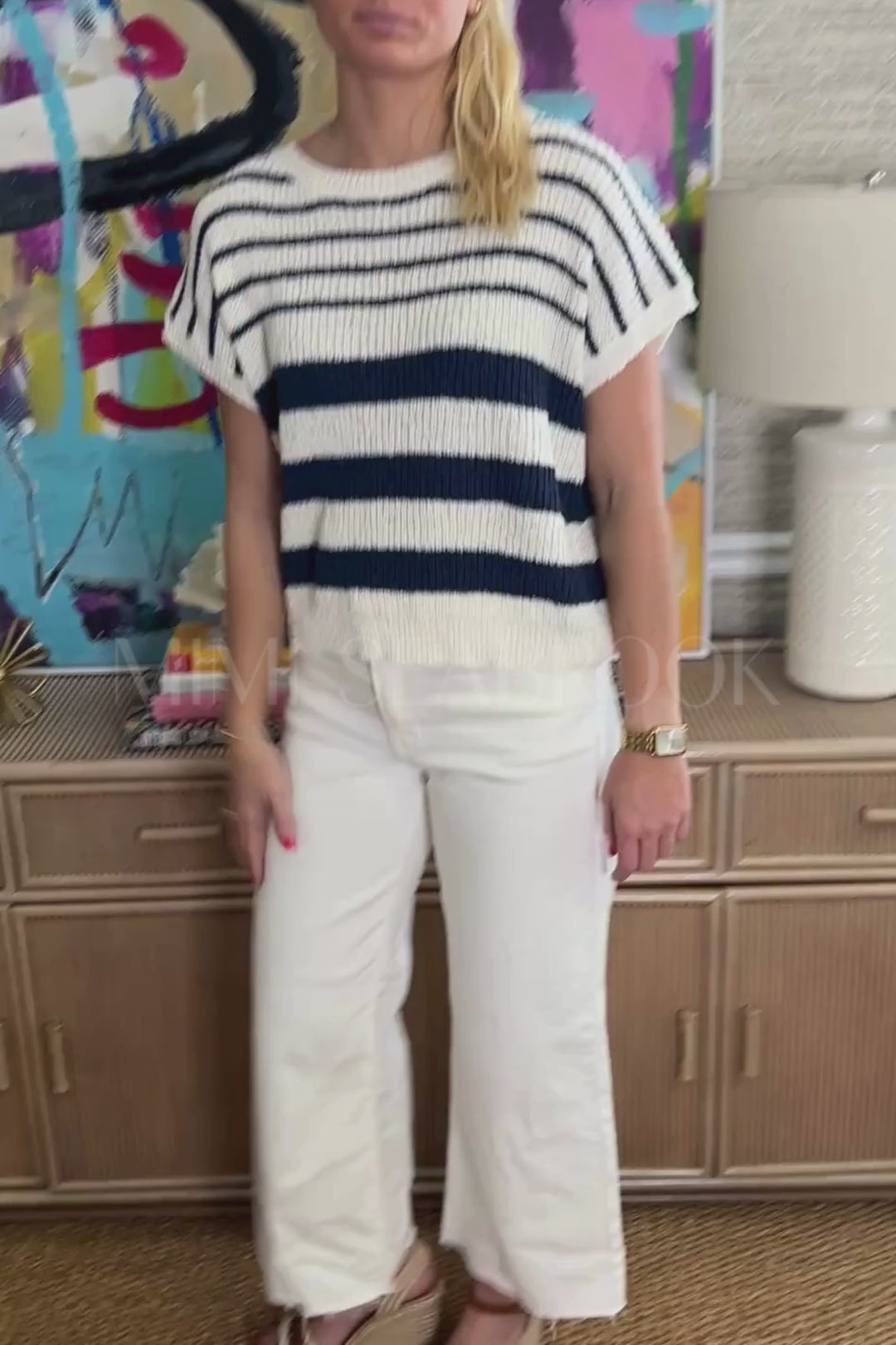 Marsha sweater top, off white/navy