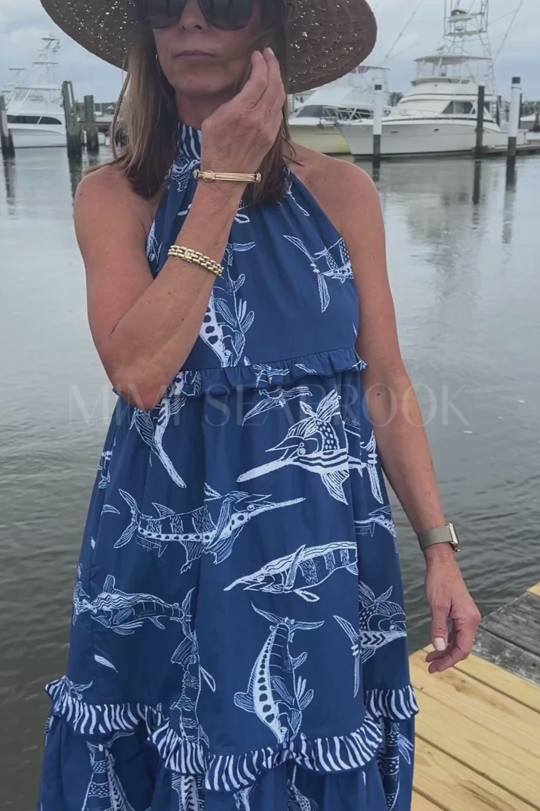 Alys Beach Dress by King + Pitt, blue billfish print (pre-order)
