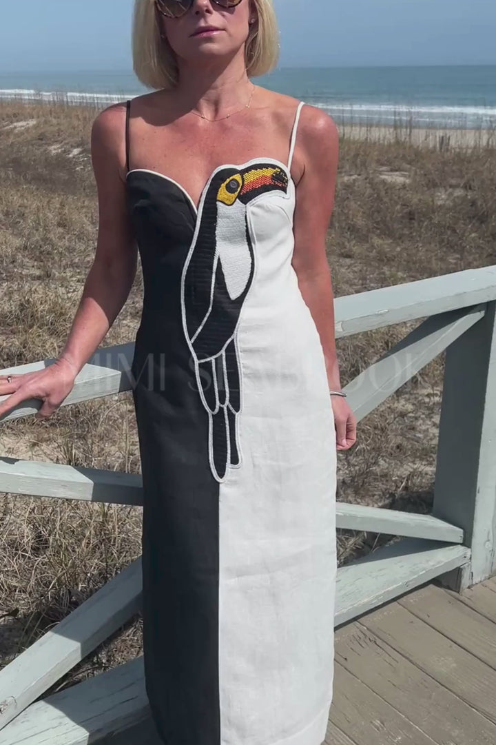 Black and White Embroidered Toucan Sleeveless Maxi Dress by Farm Rio