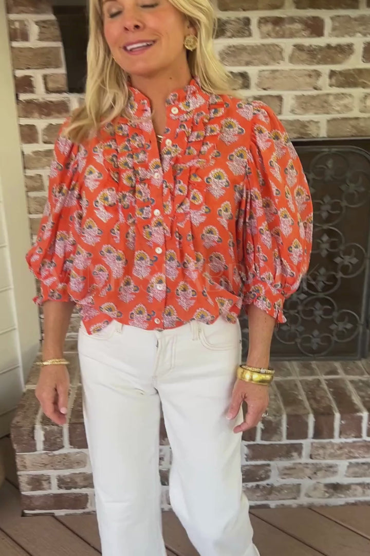 Ruffle Front Button Blouse, Patna Red by Oliphant