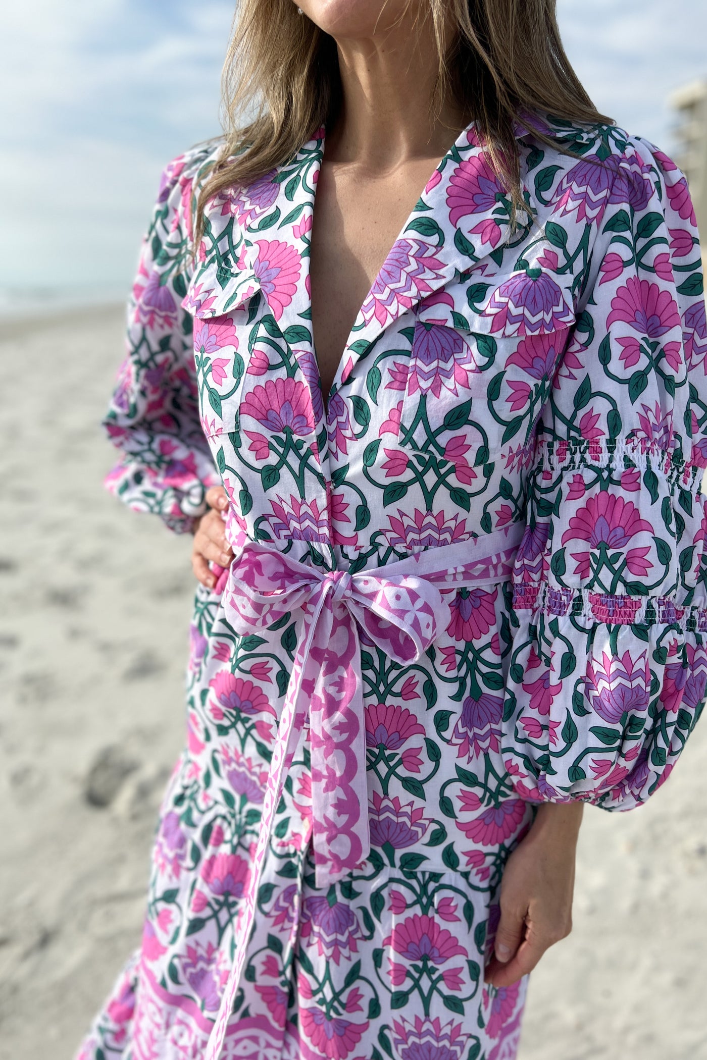 Tahiti Beach dress, pink floral print by King + Pitt